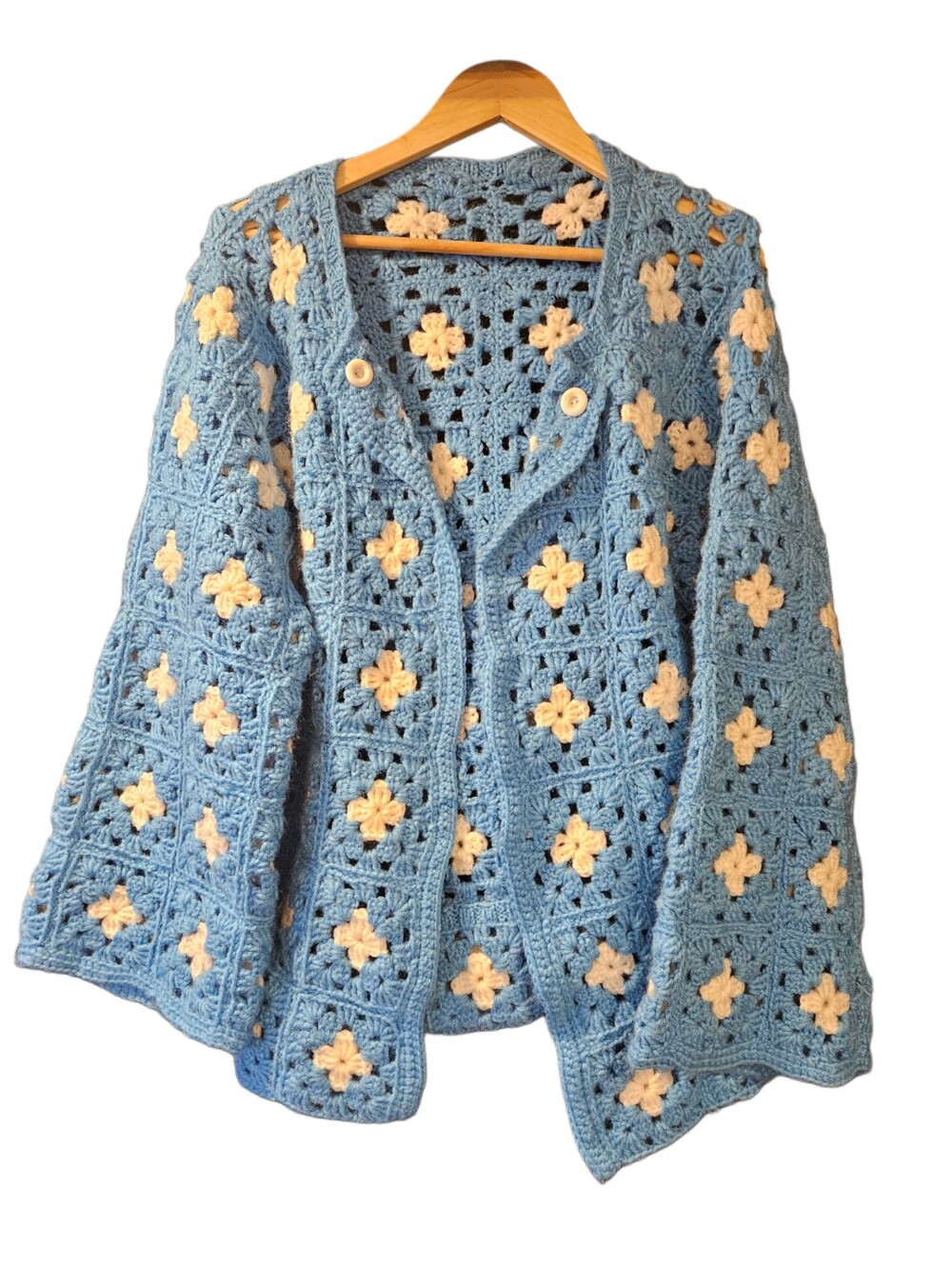 VTG Handmade Granny Square Crochet Cardigan Blue White Oversized OS - Picture 4 of 13